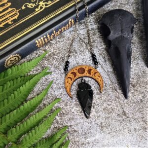 Obsidian Arrowhead Crescent Necklace by Beams and Bobbins Alternative Gothic Jewellery, Gifts and Homewares made in the UK